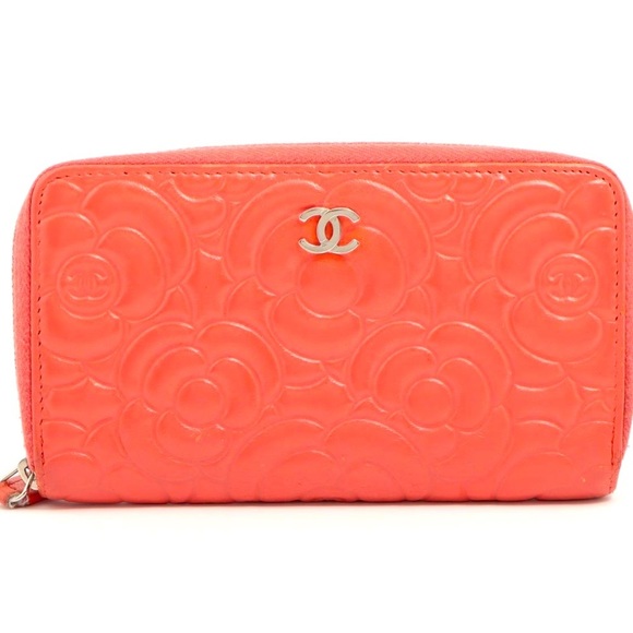 CHANEL Handbags - Chanel Camellia Lambskin Wallet/Pouch Pink Silver Hardware